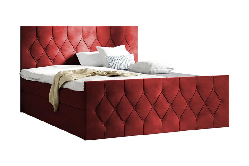 Kontinentalseng 207x216 cm - Rød - Komplet sengepakke - Seng med opbevaring - Familieseng
