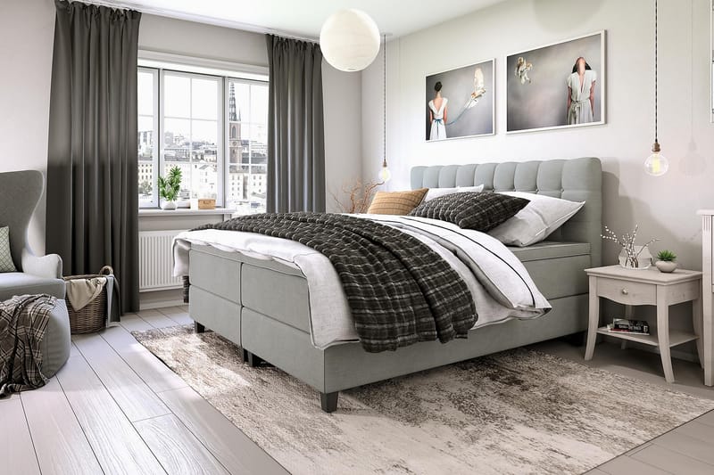 Royal Box Bed 90x200 cm - Lysegrå - Komplet sengepakke - Kontinentalsenge - Dobbeltsenge
