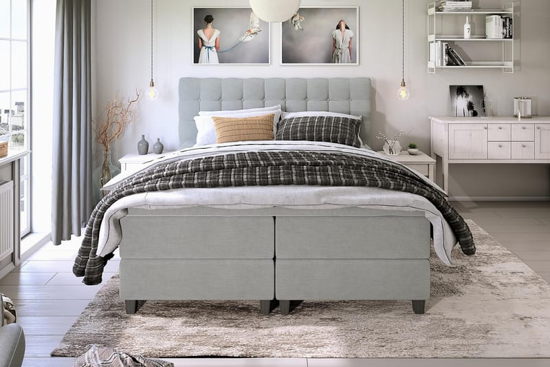 Royal Box Bed 90x200 cm - Lysegrå - Komplet sengepakke - Kontinentalsenge - Dobbeltsenge