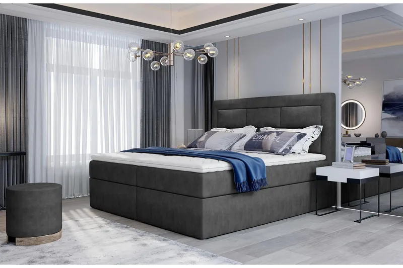 Vivera Sengepakke 180x200 cm i Stof med Sengegavl + Topmadras, Antracit
