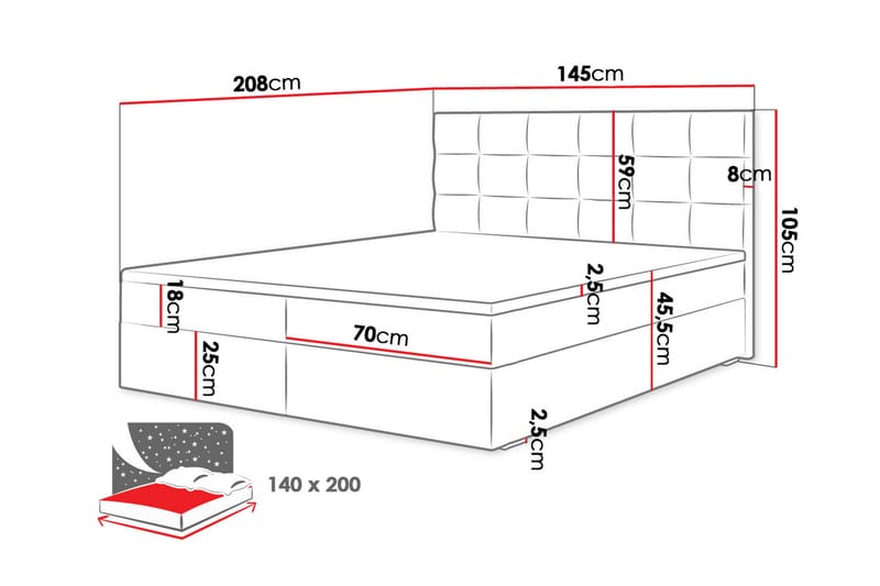 Alvito Kontinentalseng 140x200 cm med Sengegavl - Sort - Kontinentalsenge