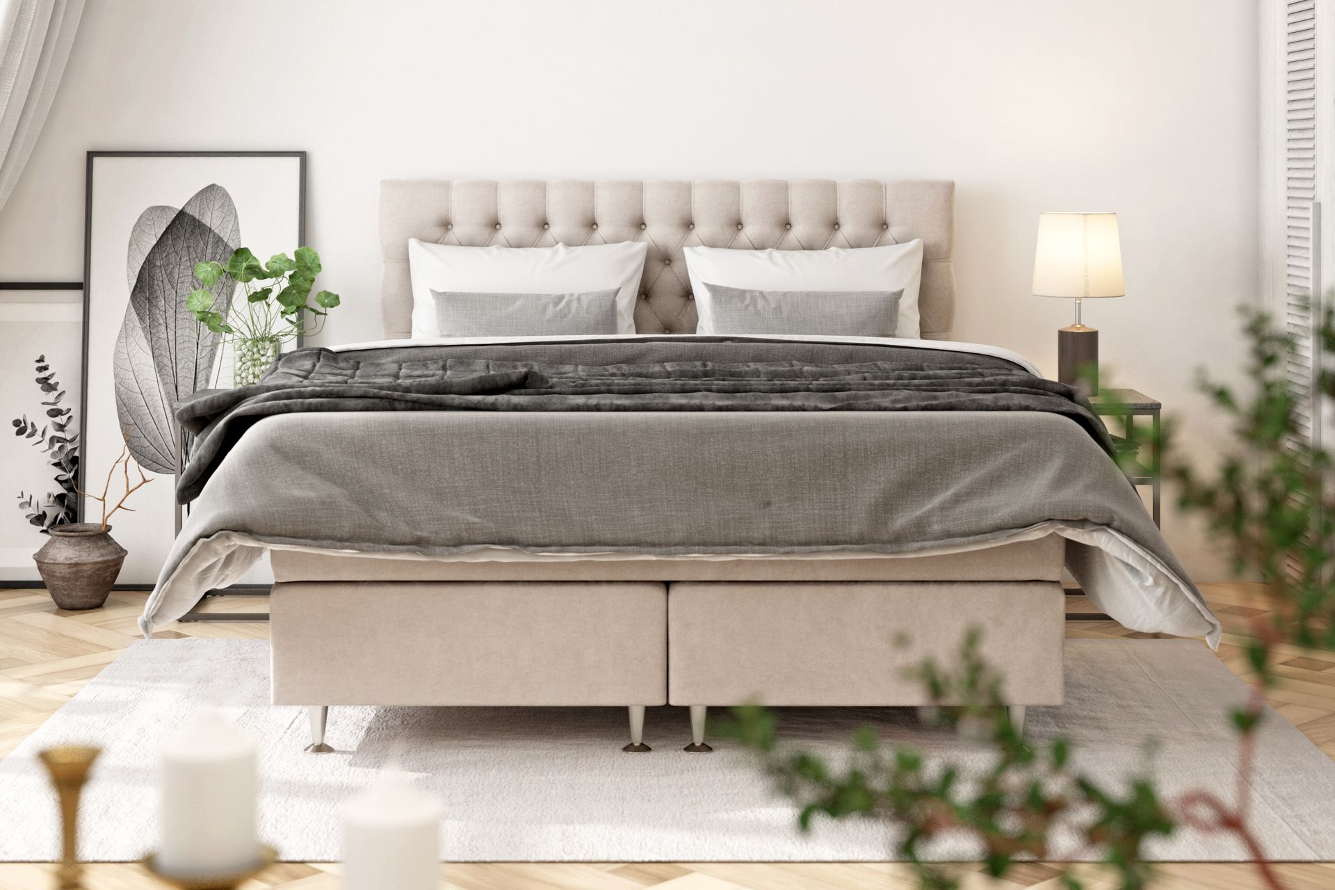 Celine kontinentalseng 210x210cm - Beige / velour - Møbler - Senge - Komplet sengepakke