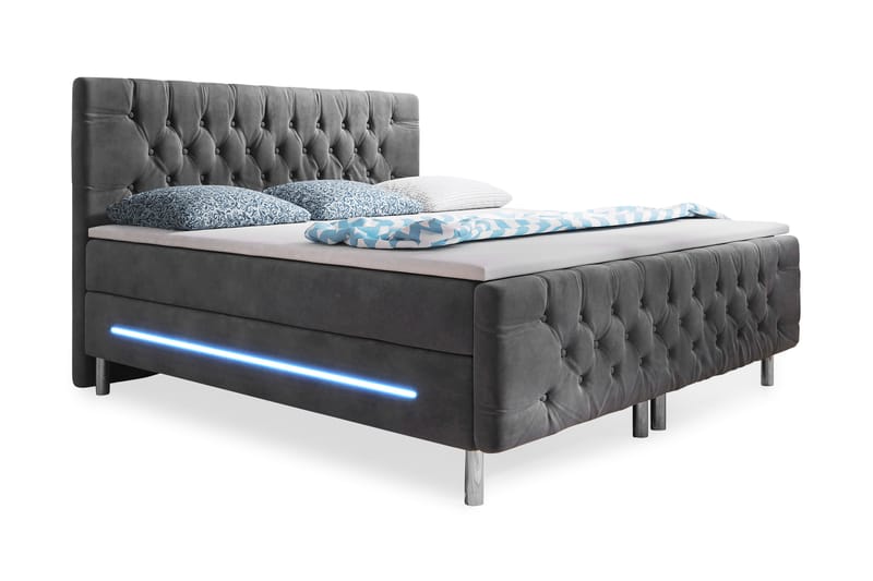 Chester Sengepakke 140x200 LED-belysning Velour - Grå - Dobbeltsenge - Komplet sengepakke - Kontinentalsenge