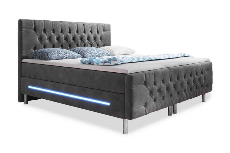 Chester Sengepakke 160x200 LED-belysning Velour - Grå - Komplet sengepakke - Kontinentalsenge - Dobbeltsenge