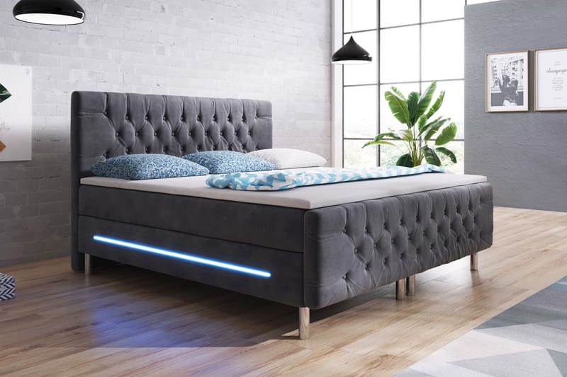 Chester Sengepakke 160x200 LED-belysning Velour - Grå - Komplet sengepakke - Kontinentalsenge - Dobbeltsenge