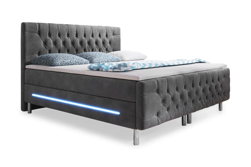 Chester Sengepakke 180x200 LED-belysning Velour - Grå - Dobbeltsenge - Komplet sengepakke - Kontinentalsenge