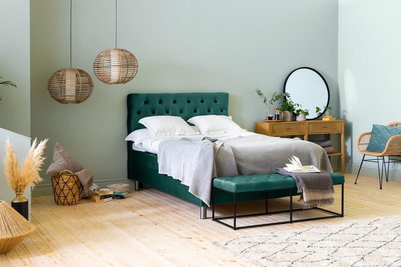 Ella Sengepakke 140x200 cm Dyb-syet hovedgavl - Mørkegrøn / velour - Møbler - Senge - Komplet sengepakke