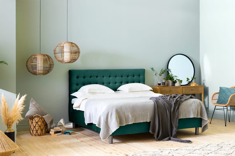 Ella Sengepakke 160x200 cm Ternet Gavl - Mørkegrøn / velour - Møbler - Senge - Komplet sengepakke
