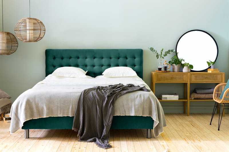 Ella Sengepakke 160x200 cm Ternet Gavl - Mørkegrøn / velour - Møbler - Senge - Komplet sengepakke