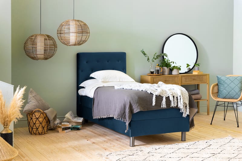 Ella Sengepakke 90x200 cm Pikeret Gavl - Mørkeblå / velour - Møbler - Senge - Komplet sengepakke