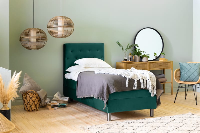 Ella Sengepakke 90x200 cm Pikeret Gavl - Mørkegrøn / velour - Møbler - Senge - Komplet sengepakke