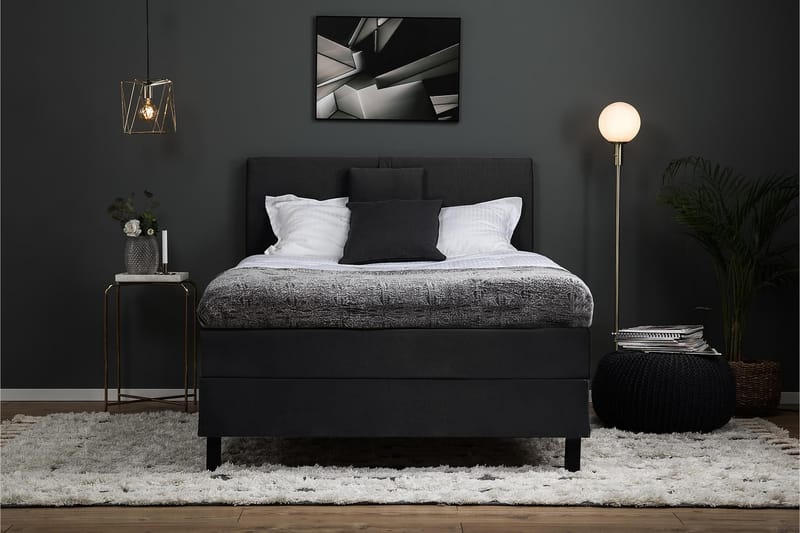 Lucky Komplet Sengepakke 120x200 Polyeter Glat Sengegavl - Nakkepude Lille Sort/Grå - Møbler - Senge - Kontinentalsenge