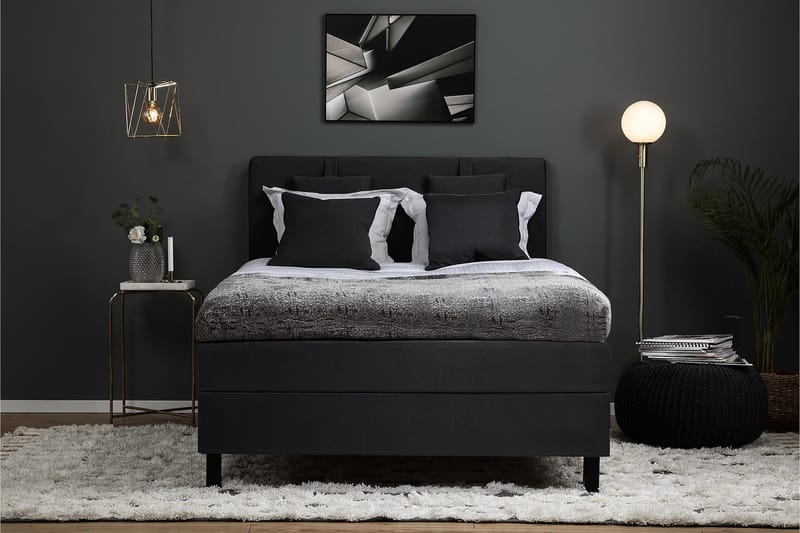 Lucky Komplet Sengepakke 140x200 Polyeter Glat Sengegavl - Nakkepude Lille Sort/Grå - Møbler - Senge - Kontinentalsenge