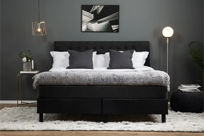 Lucky Komplet Sengepakke 160x200 Latex Diamant Sengegavl - Sort/Grå/PU - Møbler - Senge - Kontinentalsenge