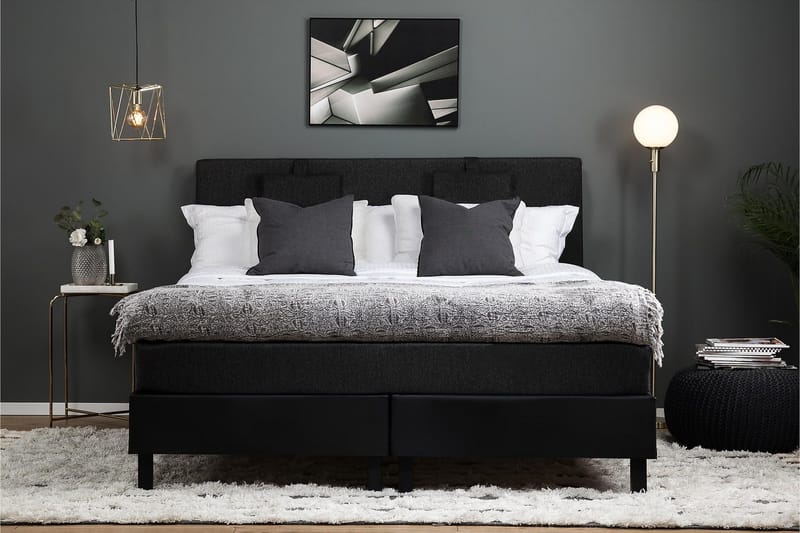 Lucky Komplet Sengepakke 160x200 Memory Glat Sengegavl - Nakkepude Lille Sort/Grå/PU - Møbler - Senge - Kontinentalsenge