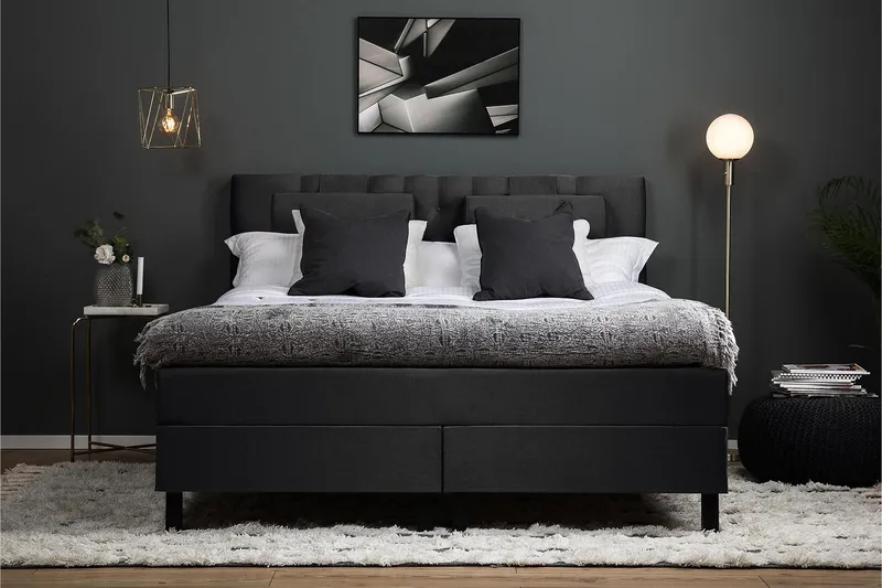 Lucky Komplet Sengepakke 160x200 Polyeter Diamant Sengegavl - Nakkepude Stor Sort/Grå - Møbler - Senge - Kontinentalsenge