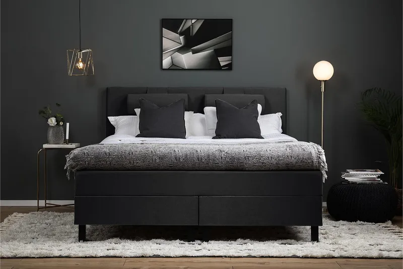 Lucky Komplet Sengepakke 160x200 Polyeter Glat Sengegavl - Nakkepude Stor Sort/Grå - Møbler - Senge - Kontinentalsenge