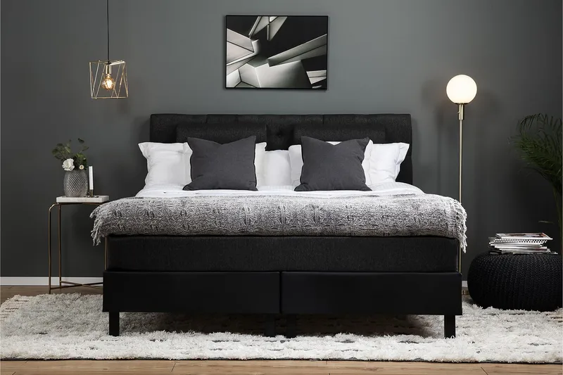 Lucky Komplet Sengepakke 180x200 Memory Diamant Sengegavl - Nakkepude Stor Sort/Grå/PU - Møbler - Senge - Kontinentalsenge