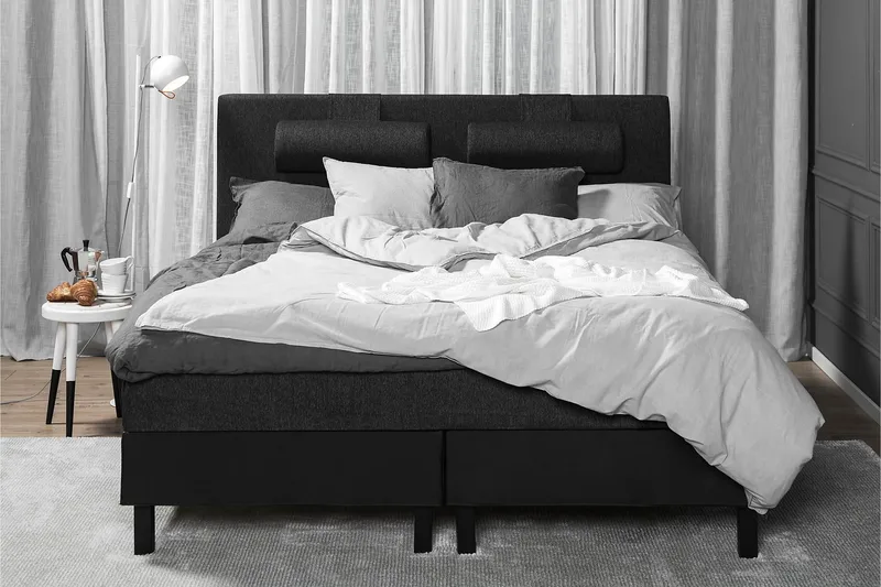 Lucky Komplet Sengepakke 180x200 Skum Glat Sengegavl - Nakkepude Stor Sort/Grå/PU - Møbler - Senge - Kontinentalsenge