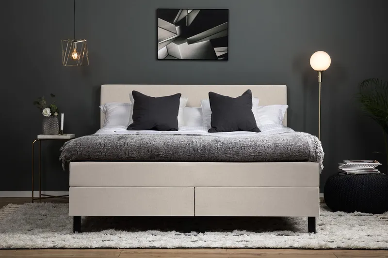 Lucky Komplet Sengepakke 180x200 Polyeter Glat Sengegavl - Beige - Møbler - Senge - Kontinentalsenge