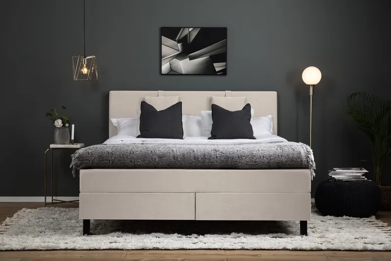 Lucky Komplet Sengepakke 180x200 Polyeter Glat Sengegavl - Nakkepude Lille Beige - Møbler - Senge - Kontinentalsenge