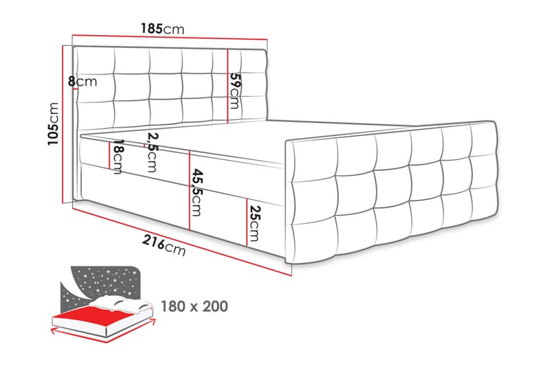 Milano Kontinentalseng 180x200 cm med Sengegavl - Sort - Kontinentalsenge