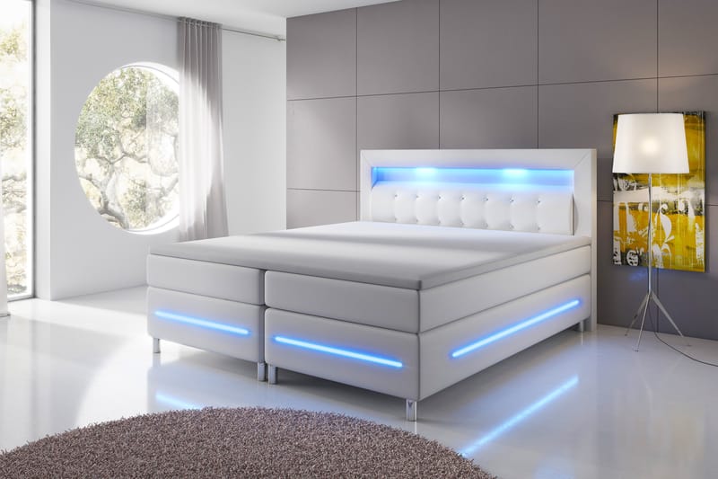 Modena Lyx Sengepakke 140x200 LED Buet Tuftet Gavl Kunstlæde - Hvid - Komplet sengepakke - Kontinentalsenge