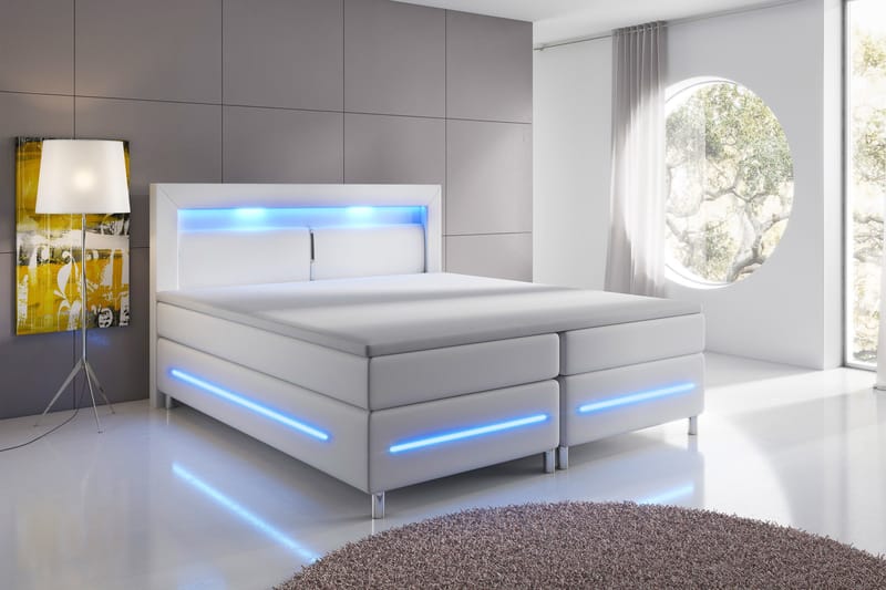 Modena Lyx Sengepakke 140x200 LED Glat Sengegavl Kunstlæder - Hvid - Møbler - Senge - Kontinentalsenge