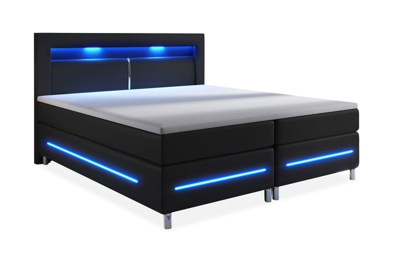 Modena Lyx Sengepakke 140x200 LED Glat Sengegavl Kunstlæder - Sort - Komplet sengepakke - Kontinentalsenge