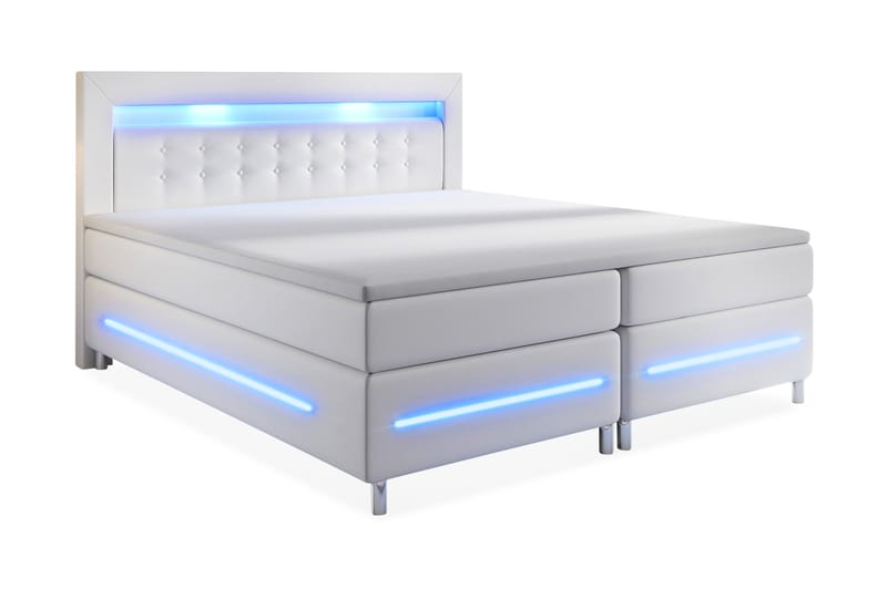 Modena Lyx Sengepakke 160x200 LED Tuftet Gavl Kunstlæder - Hvid - Komplet sengepakke - Kontinentalsenge