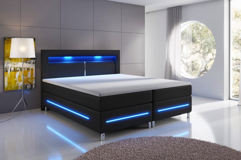 Modena Lyx Sengepakke 180x200 LED Glat Sengegavl Kunstlæder - Sort - Komplet sengepakke - Kontinentalsenge