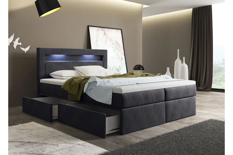 Oscar Kontinentalseng 140x200 cm med Sengegavl + Topmadras med Fasthedsgrad Medium, Antracit
