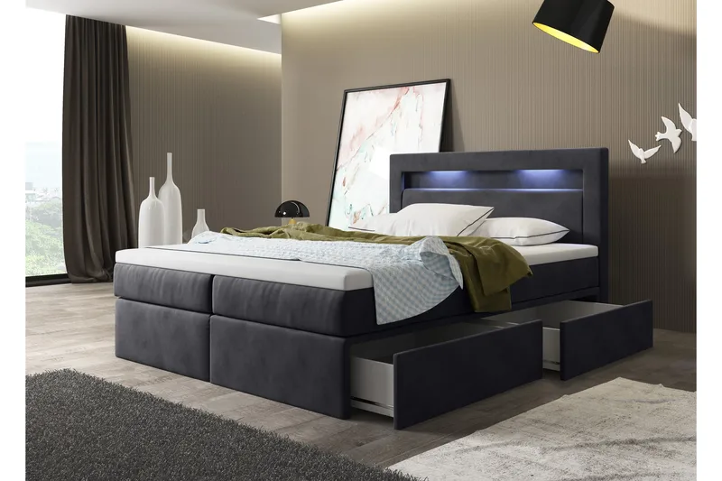 Oscar Kontinentalseng 180x200 cm med Sengegavl + Topmadras med Fasthedsgrad Medium, Antracit