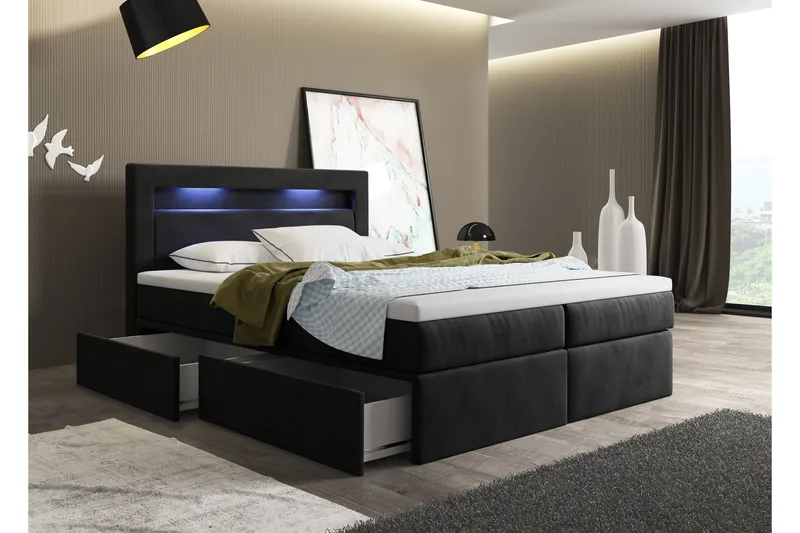 Oscar Kontinentalseng 180x200 cm med Sengegavl + Topmadras med Fasthedsgrad Medium, Sort