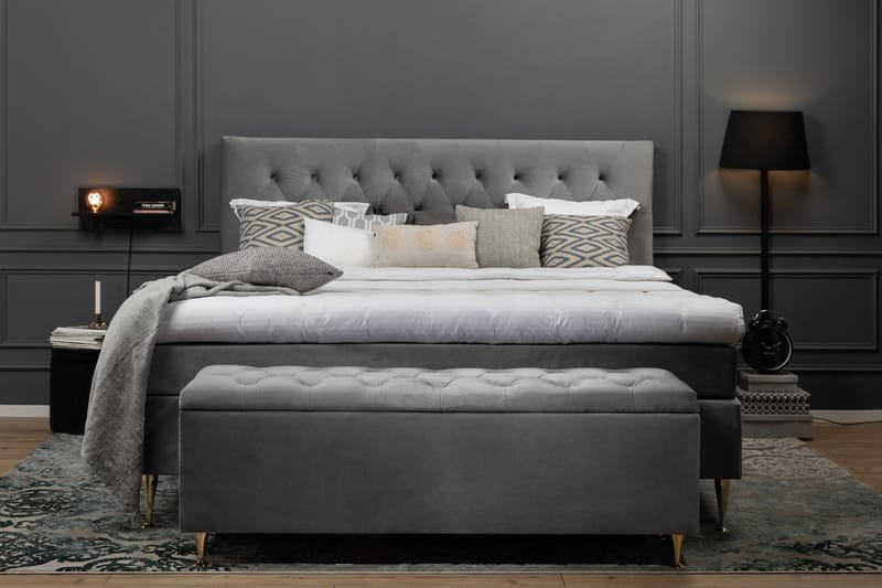 Royal Velvet Komplet Sengepakke 160x200 - Lysegrå med Lave Formede ben - Komplet sengepakke - Kontinentalsenge - Dobbeltsenge