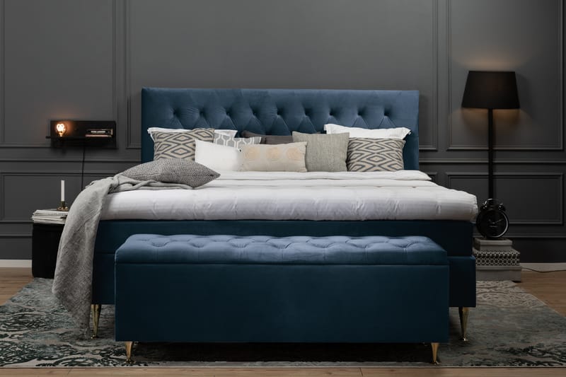 Royal Velvet Komplet Sengepakke 160x200 - Mørkeblå med Formede Ben - Komplet sengepakke - Kontinentalsenge - Dobbeltsenge