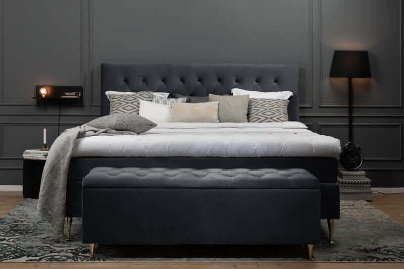 Royal Velvet Komplet Sengepakke 160x200 - Sort med Formede Ben - Komplet sengepakke - Kontinentalsenge - Dobbeltsenge