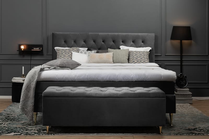Royal Velvet Komplet Sengepakke 180x200 - Mørkegrå med Høje Guldben - Komplet sengepakke - Kontinentalsenge - Dobbeltsenge