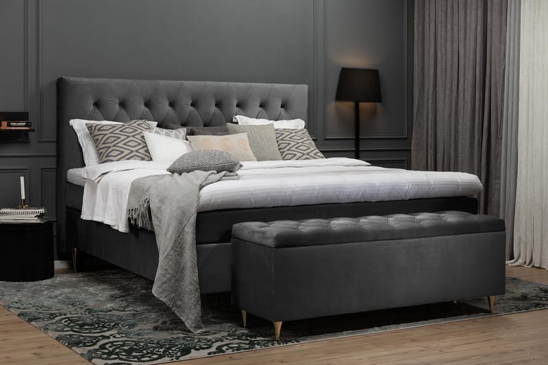 Royal Velvet Komplett Sengpakke 180x200 cm - Mørkegrå med Lave Sorte Ben - Møbler - Senge - Komplet sengepakke