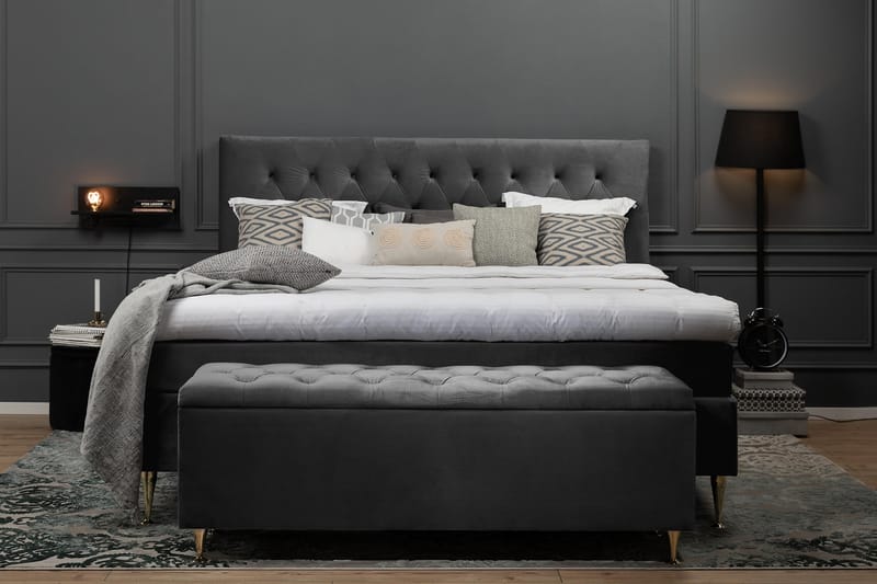 Royal Velvet Komplett Sengpakke 180x200 cm - Mørkegrå med Lave Sorte Ben - Møbler - Senge - Komplet sengepakke