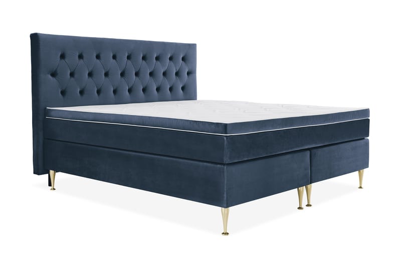 Royal Velvet Komplett Sengpakke 210x210 cm - Mørkeblå med Høje Guldben - Møbler - Senge - Kontinentalsenge
