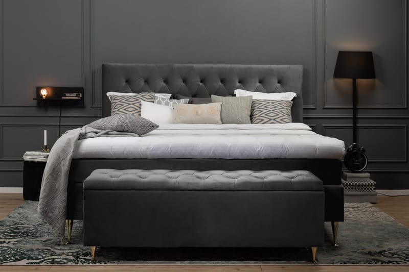 Royal Velvet Komplett Sengpakke 210x210 cm - Mørkegrå med Lave Guldben - Møbler - Senge - Kontinentalsenge