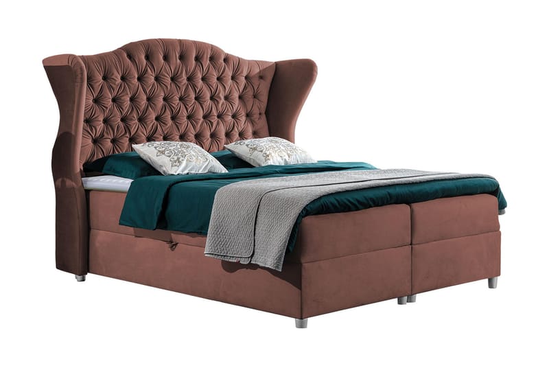 Sengepakke – Kontinentalseng 120x200 cm i Stof med Opbevaring og Sengegavl + Topmadras med Fasthedsgrad Medium, Rosa