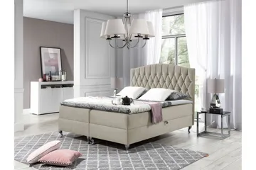Sengepakke – Kontinentalseng 120x200 cm med Opbevaring og Sengegavl + Topmadras - Beige - Møbler - Senge - Kontinentalsenge