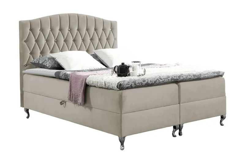 Sengepakke – Kontinentalseng 120x200 cm med Opbevaring og Sengegavl + Topmadras, Beige