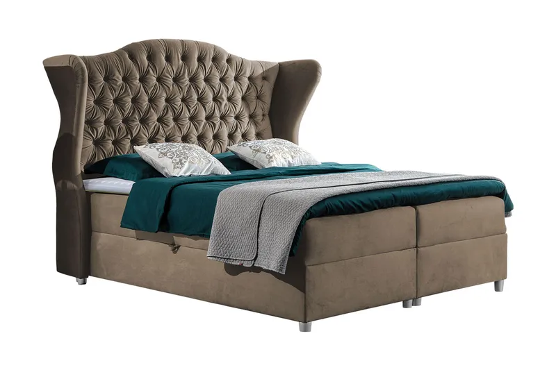 Sengepakke – Kontinentalseng 180x200 cm med Sengegavl + Topmadras med Hårdhedsgrad Medium, Brun