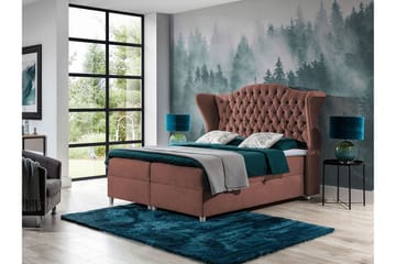 Sengepakke – Kontinentalseng 180x200 cm med Sengegavl + Topmadras med Hårdhedsgrad Medium - Rosa - Møbler - Senge - Kontinentalsenge