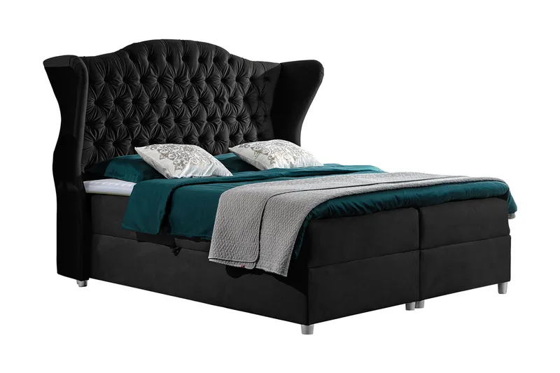 Sengepakke – Kontinentalseng 180x200 cm med Sengegavl + Topmadras med Hårdhedsgrad Medium, Sort