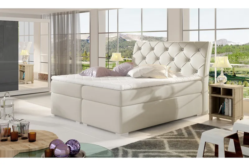 Sutra Sengepakke – Sengeramme 180x200 cm med Opbevaring og Sengegavl + Topmadras, Benhvid