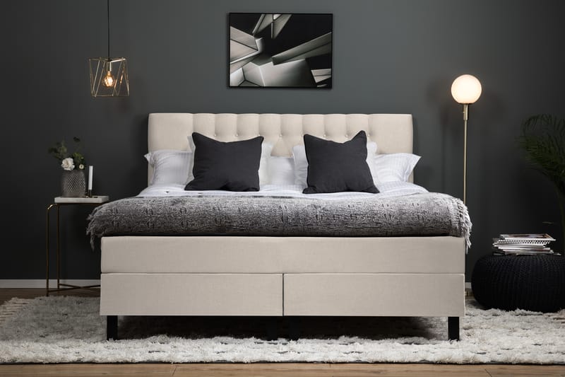 Lucky Komplet Sengesæt 160x200 cm Dobbeltseng med Sengegavl + Madrasbeskytter - Beige - Møbler - Senge - Komplet sengepakke
